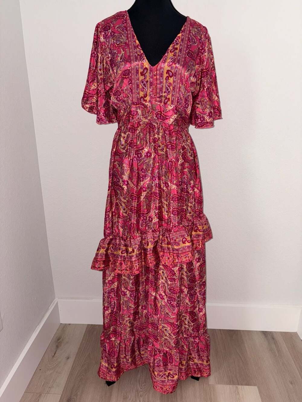 Namaste Camden Pink Paisley V-Neck Tie-Back Tiered Maxi Dress